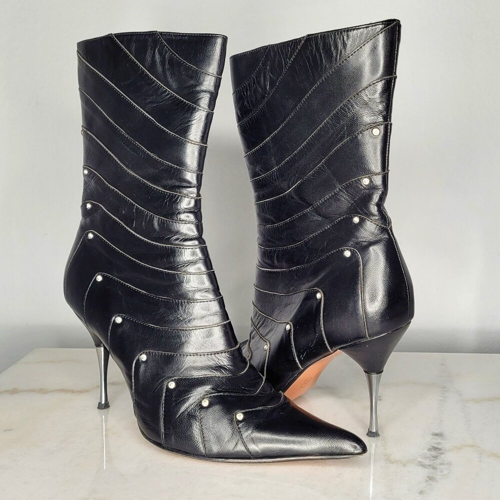 Vero Cuoio Black Leather Rhinestone Stiletto Boots – Size 11